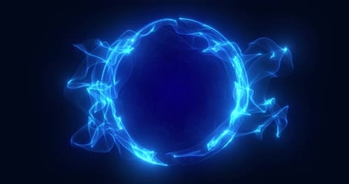 Blue sphere made of particles and waves emits energy, spherical ball