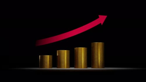 3D Gold Coin Stacks with Increasing Red Arrow
