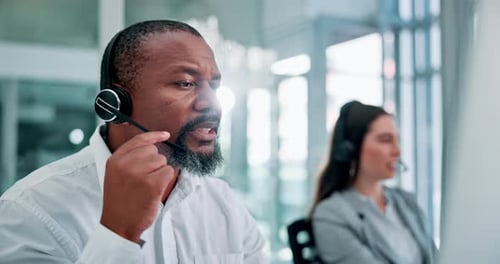 Man, headset and call centre by computer for consulting, telemarketer and insurance hotline