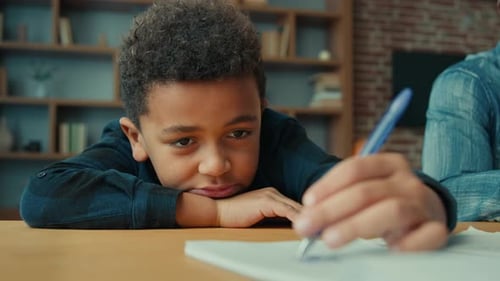 Tired Exhausted Sad Upset Fatigued Little African American Ethnic Child Boy Kid Son Pupil Schoolboy