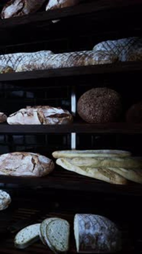 Assorted Breads Displayed on Bakery Shelves