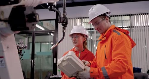 Ingenieurin und Technikerin untersuchen Roboterschweißsystem mit Steuerung und digitalem Gerät