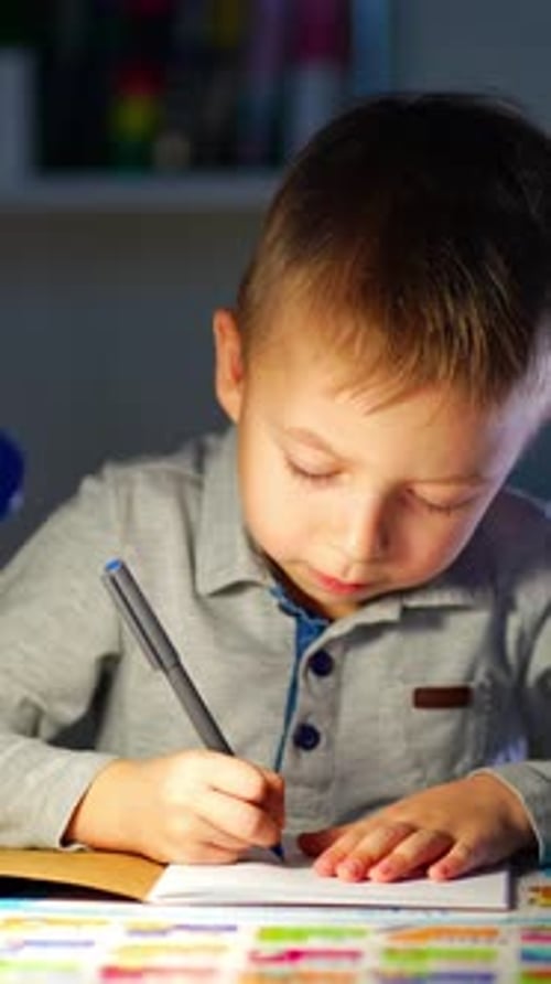 Firstgrader Boy Learning to Write in Workbook Doing Homework After School Vertical Portrait Young