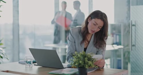 Attractive Office Manager Woman Working with Laptop Computer Young Businesswoman Formal Lady Posing