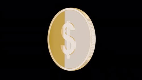 A cartoon style gold coin rotates around itself on a transparent background with an alpha channel. S
