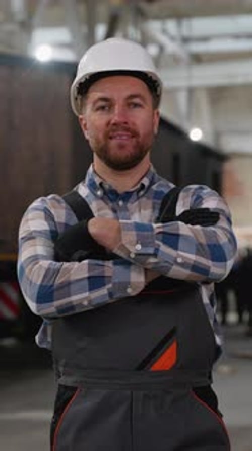 Trabajador de construcción en una fábrica de casas modulares