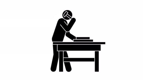 Pictogram of worker working with hammer on workbench