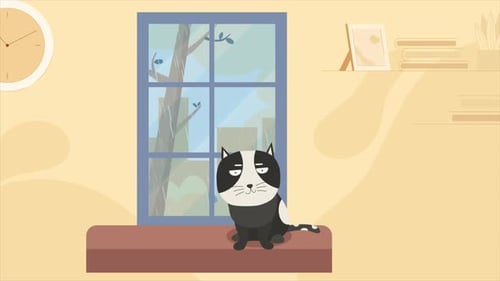 Grumpy Cartoon Cat Watching Rain from Window Animation