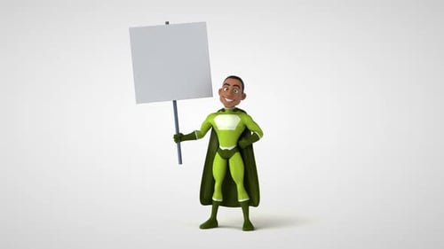 3D Cartoon Superhero Character Holding a Blank Sign