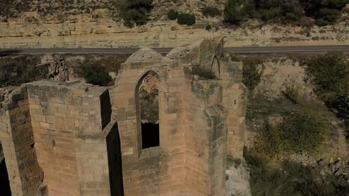 Aerial view of ruins of the abbey of Santa Maria de Vallsanta , Lleida