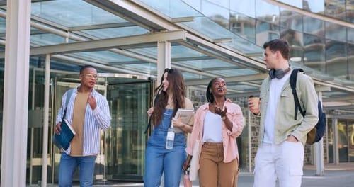 Learning, walking happy people and group talking about university news, college gossip
