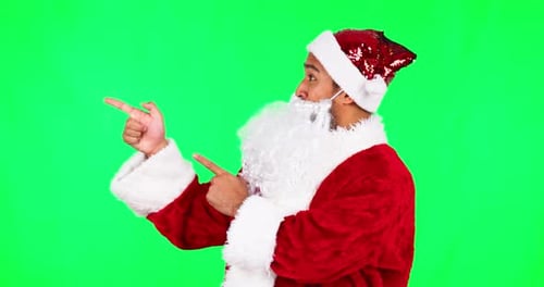 Navidad, Papá Noel y presentación con un hombre en pantalla verde para señalar, idear y mostrar
