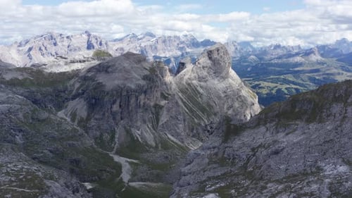 Drone view of The Dolomites mountain range in Italy that is part of the Southern Limestone Alps