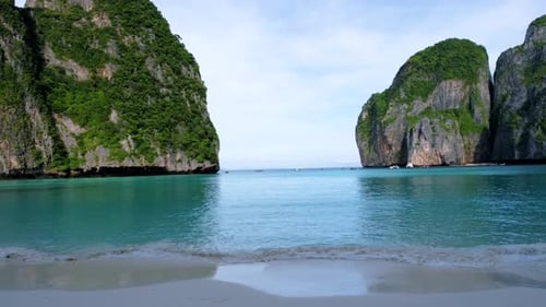 View of Limestone Cliffs and Tropical Beach at the Lagoon of Maya Bay Koh Phi Phi Thailand