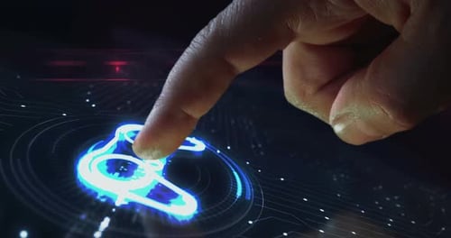 Panel de juego y joystick con el símbolo digital 3D con el dedo