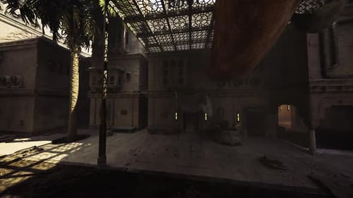 Quiet Marketplace Corridor with Weathered Shutters and Scattered Lighting
