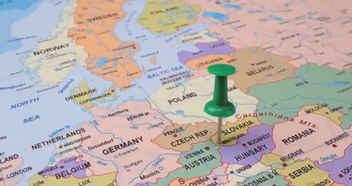 Slovakia - Travel concept with green pushpin on the world map. The location point on the map points