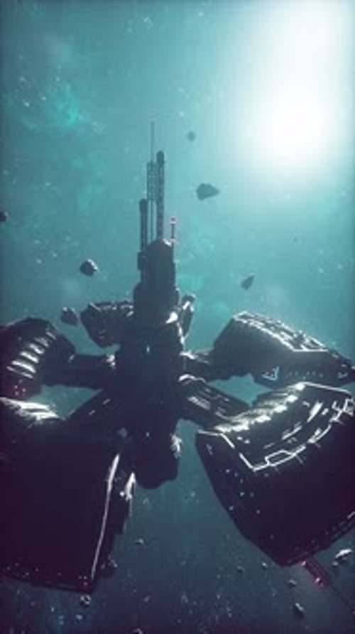 Orbiting Sci-Fi Space Station with Asteroids in Cosmic Blue