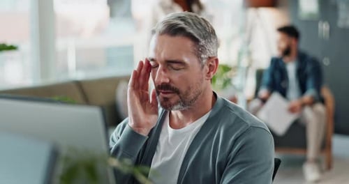Man, stress and computer in office, massage face and employee burnout at startup business