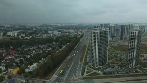 Construction site of a new city block. Construction of multi-storey buildings.