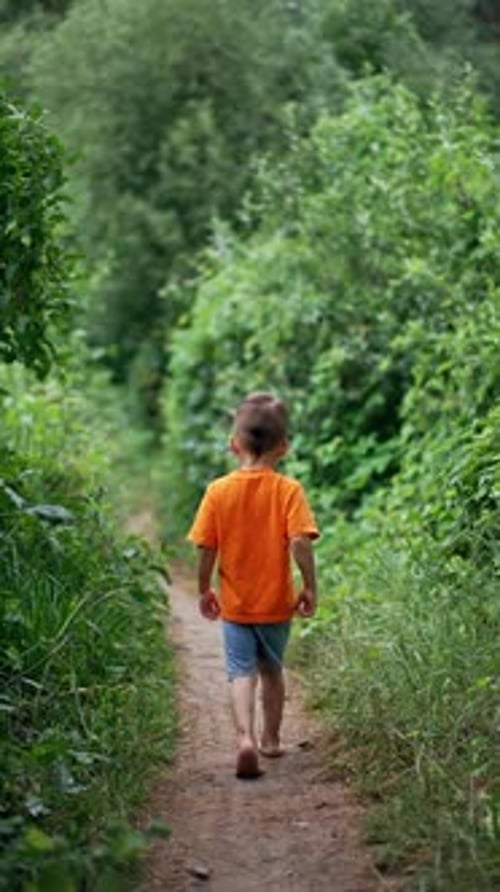 Rear view of a child walking by the narrow path barefoot.