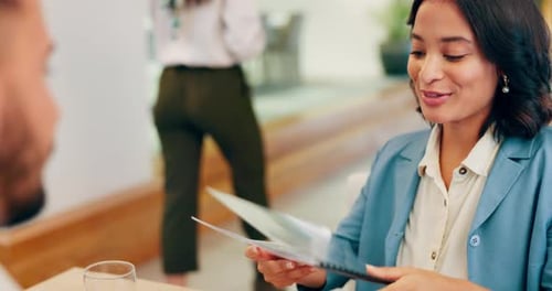 Finance, budget or business woman with documents, paper and financial review for company startup