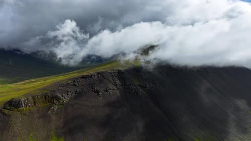 Flying Through Clouds Above Hills Cowered With Green Grass Paradise Heaven Mountain Range With High