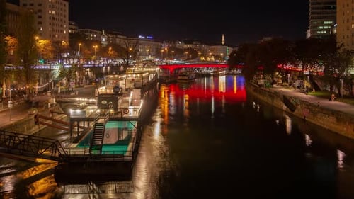 Vienna Promenades Timelapse by River at Clear Autumn Night