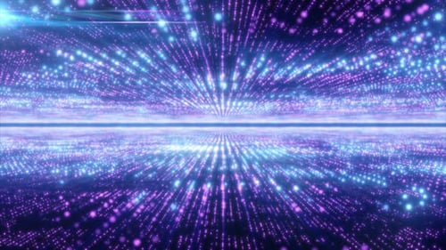 Energía púrpura abstracta, líneas de alta tecnología y partículas digitales vuelan en un túnel con un efecto bokeh brillante.