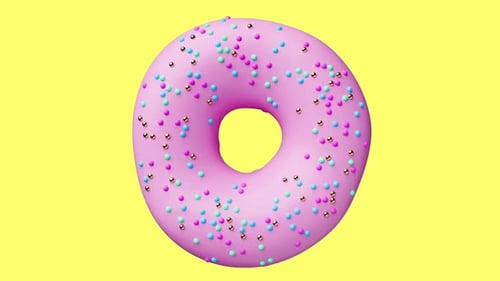 Pink Donut with Sprinkles Rotating on a Yellow Background. Seamless Loop of Doughnut spinning. 3D