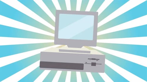 Retro Computer Rotating Animation with Radiating Background