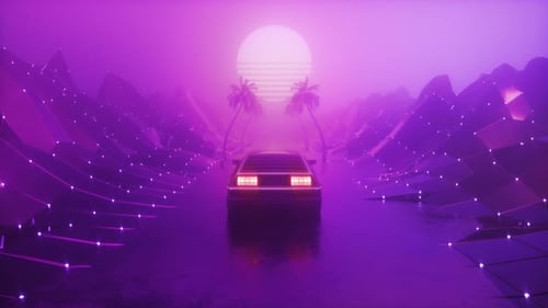 Synth Wave Backdrop With Riding Car And Dark Foggy Landscape Loop
