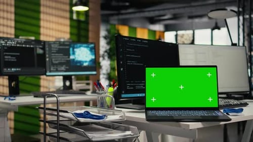 Mockup Laptop in AI Company Office Used to Automate Repetitive Tasks