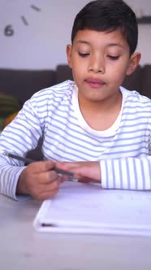 Boy Writing in Notebook at Desk Indoors