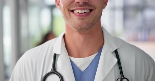 Smile, healthcare and doctor with mouth of man in hospital for consulting, medical and professional