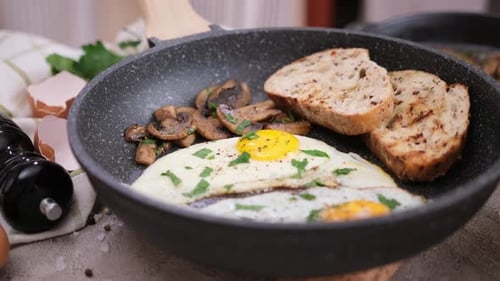 Eggs, Mushrooms, Toast in Skillet