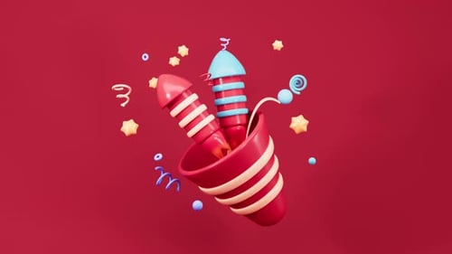 Cartoon firecracker and rocket with explosion confetti. Birthday surprise,3d rendering.