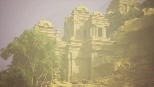 D'anciens monuments en grès sculpté enveloppés d'un brouillard mystique et d'une douce lueur