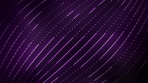 Estrutura de código digital com elementos roxos brilhantes se transformando e girando no ciberespaço