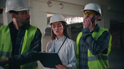 Kaukasische Bauarbeiter, Frauen, Männer, diskutieren über Bauunternehmer, Kollegen, die arbeiten