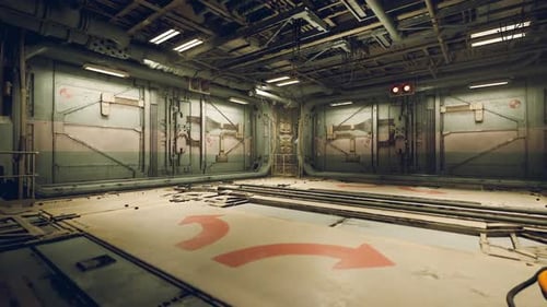 Futuristic Facility with Metallic Walls and Directional Markings