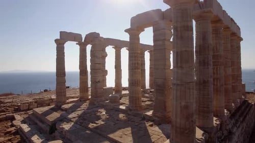 Aerial footage of Temple of Poseidon at Sounio Athens Greece, sunny day
