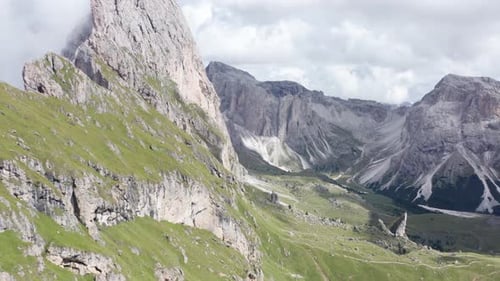 Wide aerial view of mountain landscape in Italian Dolomites