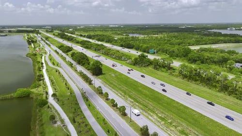Aerial View of Busy American Highway with Heavy Fast Moving Traffic