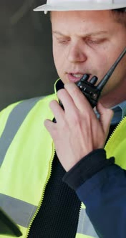 Tablet, man and construction worker with radio for contact, renovation site