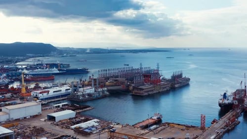 aerial view of modern shipyard. Aerial view of ship repair yard. 4K
