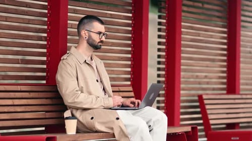 Confident Modern Man Business Freelancer Developer Programmer Working Use Laptop Park Wooden Bench