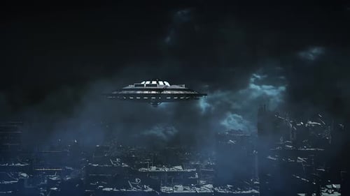 UFO-Invasion über einer postapokalyptischen Stadt