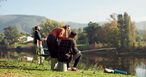 Fishing, lake and friends in nature on camping holiday, adventure and vacation together outdoors