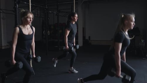 Sportive Adult Women Training In Gym Doing Exercises With Weights Squatting With Dumbbells